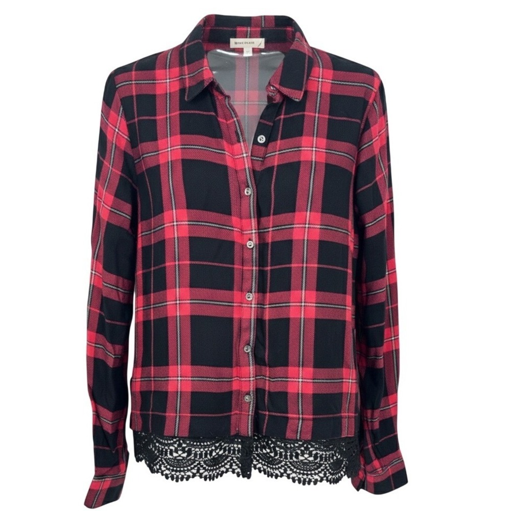 NEW Jane and Delancey XS Red Black‎ Plaid Lace Trim Button Down Shirt